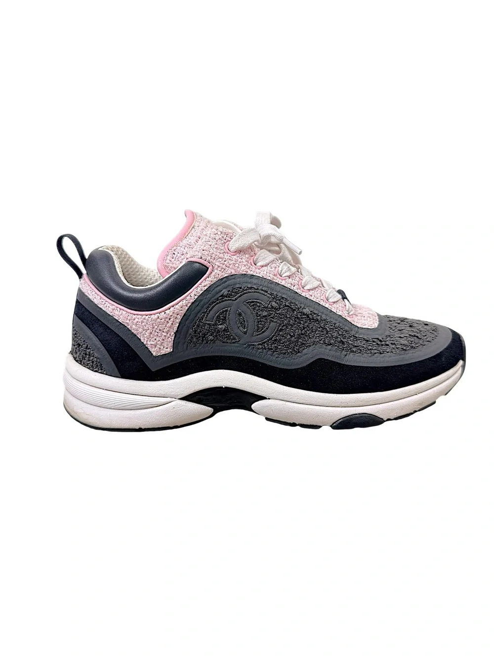 Chanel 2021 Pink Grey Tweed CC Sneakers 37.5